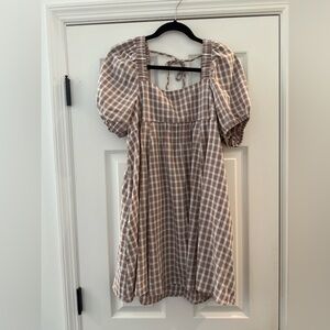 Millibon Gingham Plaid Mini Dress White Tan Brown Puff Sleeve Womens Medium
